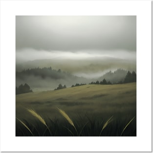 Grassy Field in a Misty Moor Posters and Art